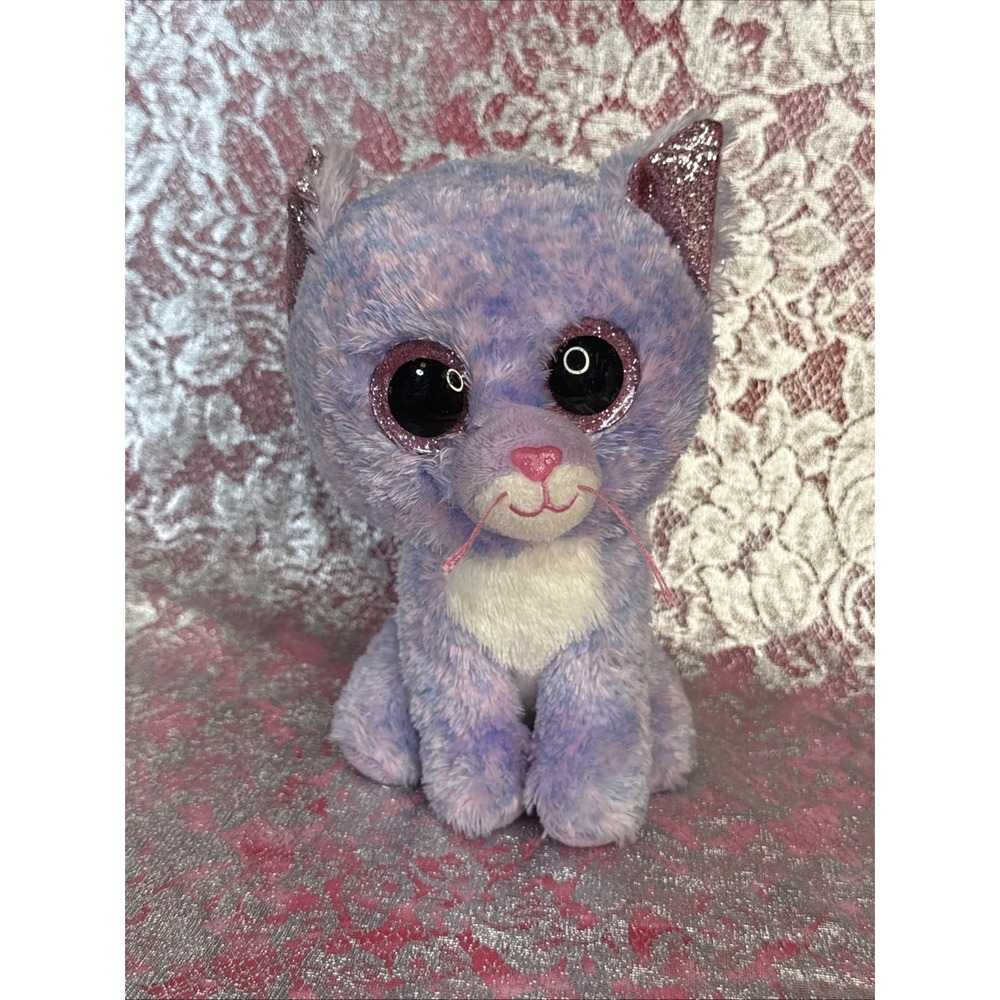 Ty Beanie Boo Cassidy Cat Plush 6" Purple Kitty‎ Glitter Eyes Stuffed Animal